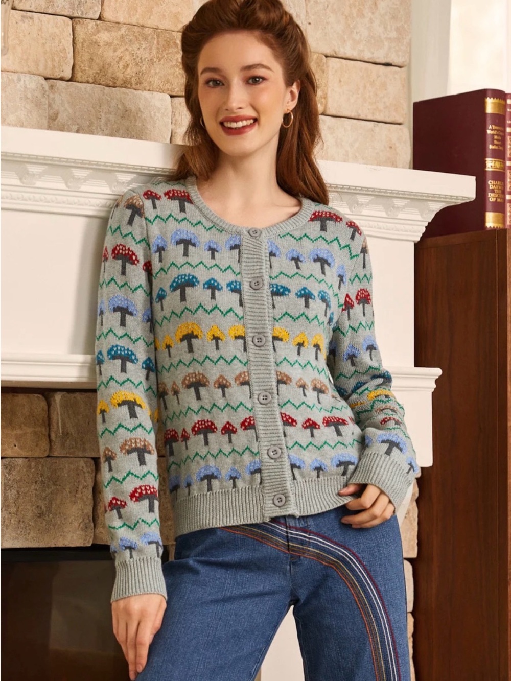 ModCloth Mushroom Cardigan Women's Large Cottagecore Cotton Old Soul Retro